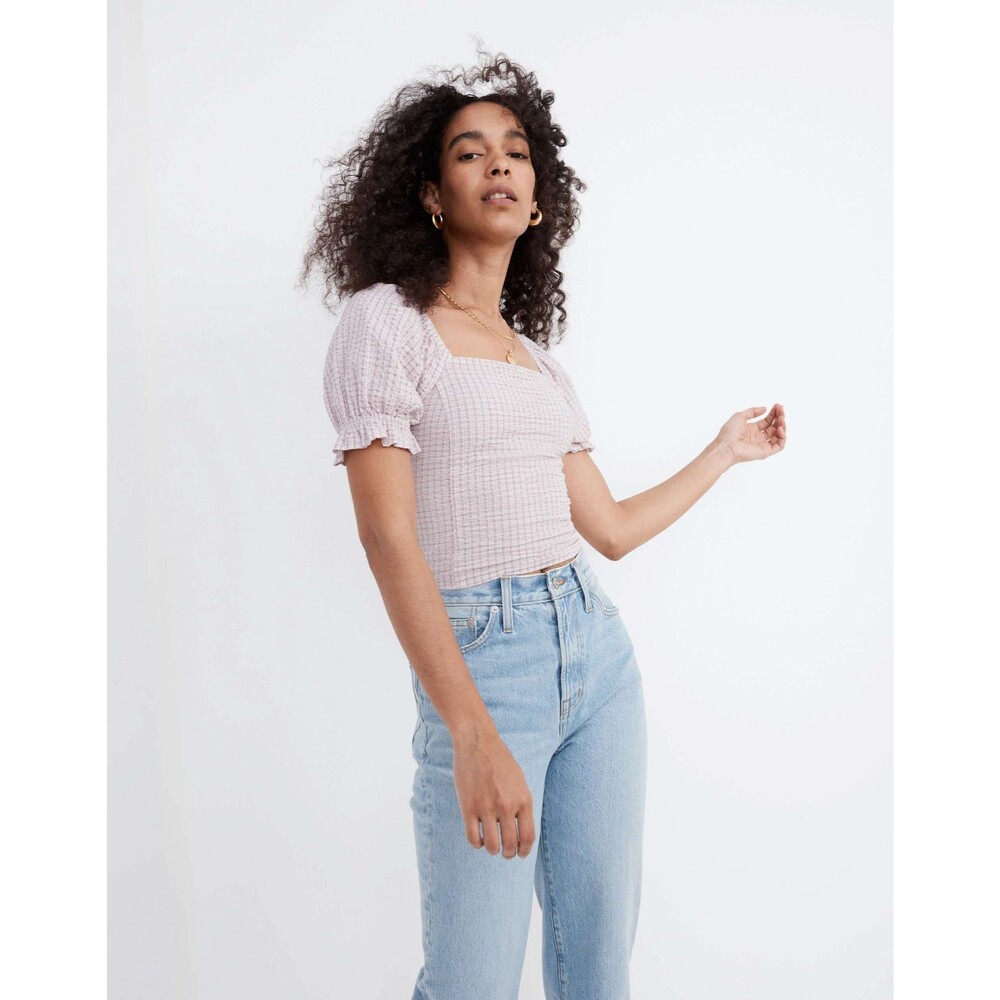 Madewell Seersucker Hopewell Puff-Sleeve Crop Top Purple Gingham in plaid, XXS